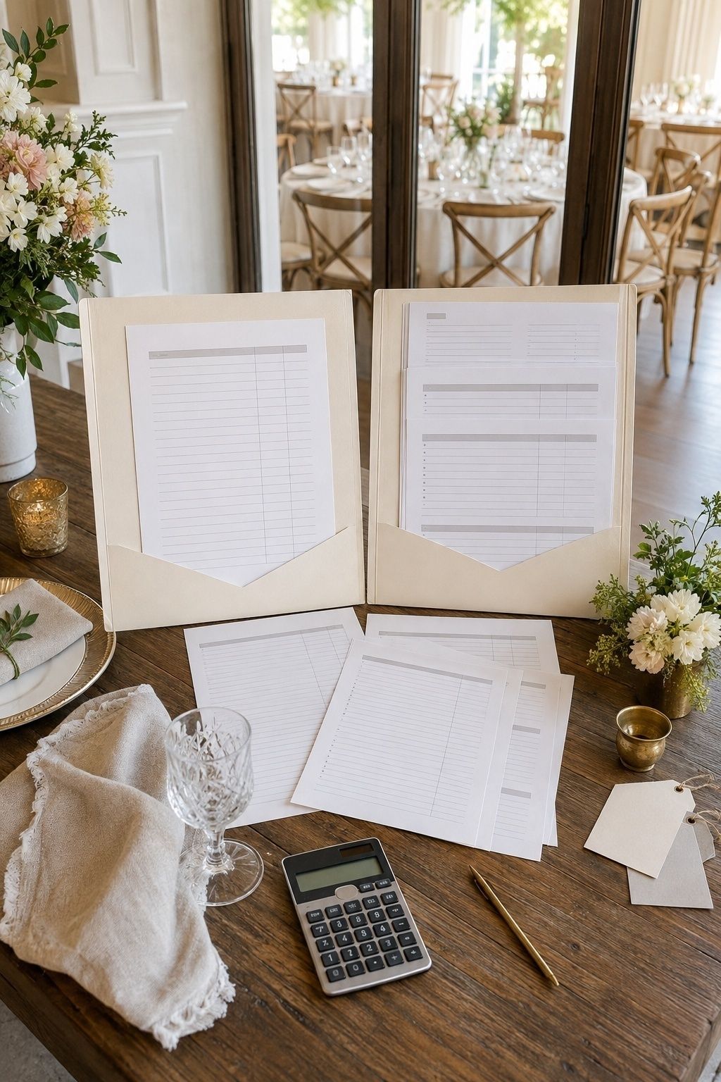 Wedding venue estimate folders, calculator, linen, glassware, and place setting prepared for a full event cost comparison