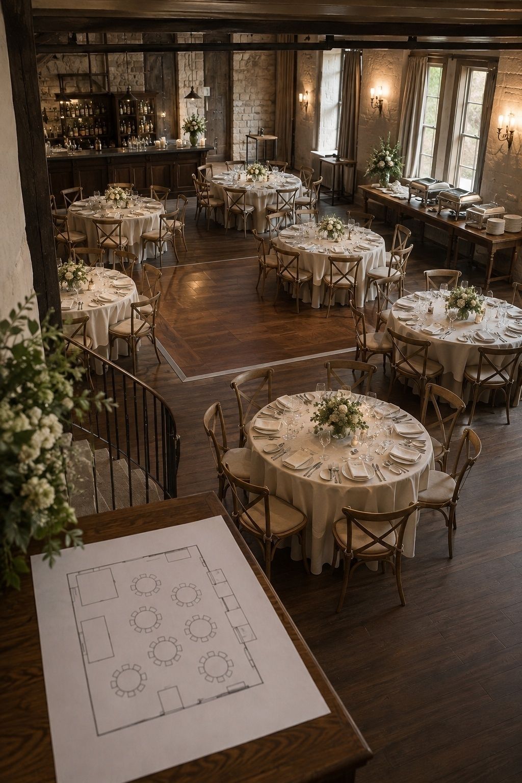 Intimate reception room and matching floor plan showing tables, dance floor, bar, buffet, and clear guest paths