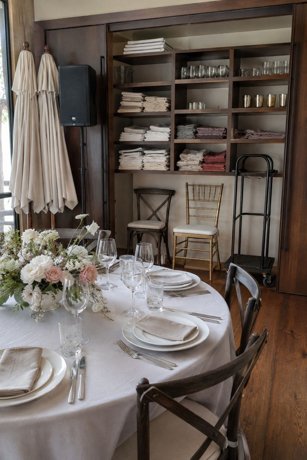Wedding venue sample table and inventory alcove with chair styles, linens, glassware, umbrellas, and sound equipment