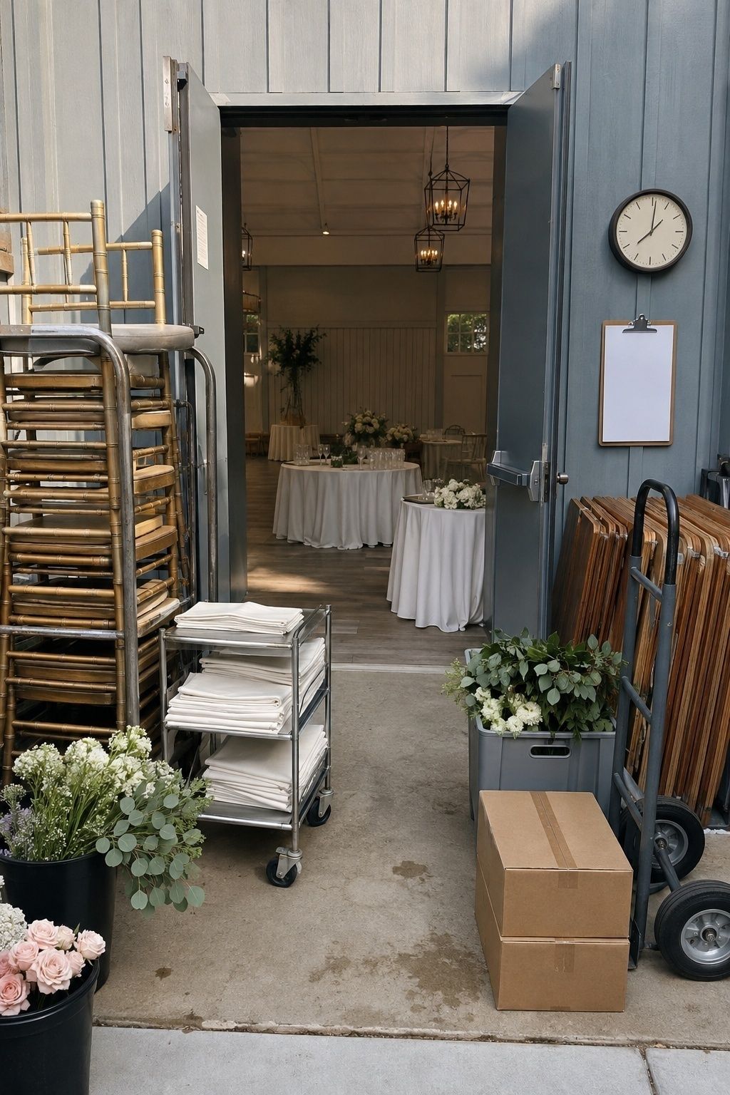 Wedding venue load-in doors with chair cart, linen trolley, flower buckets, clock, and a partly set reception room