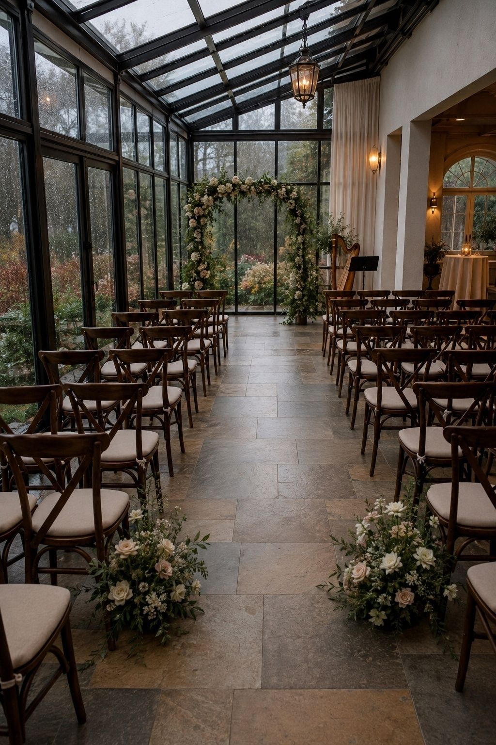 Indoor wedding ceremony rain plan in a glass conservatory with forty chairs, central aisle, floral arch, and rainy windows