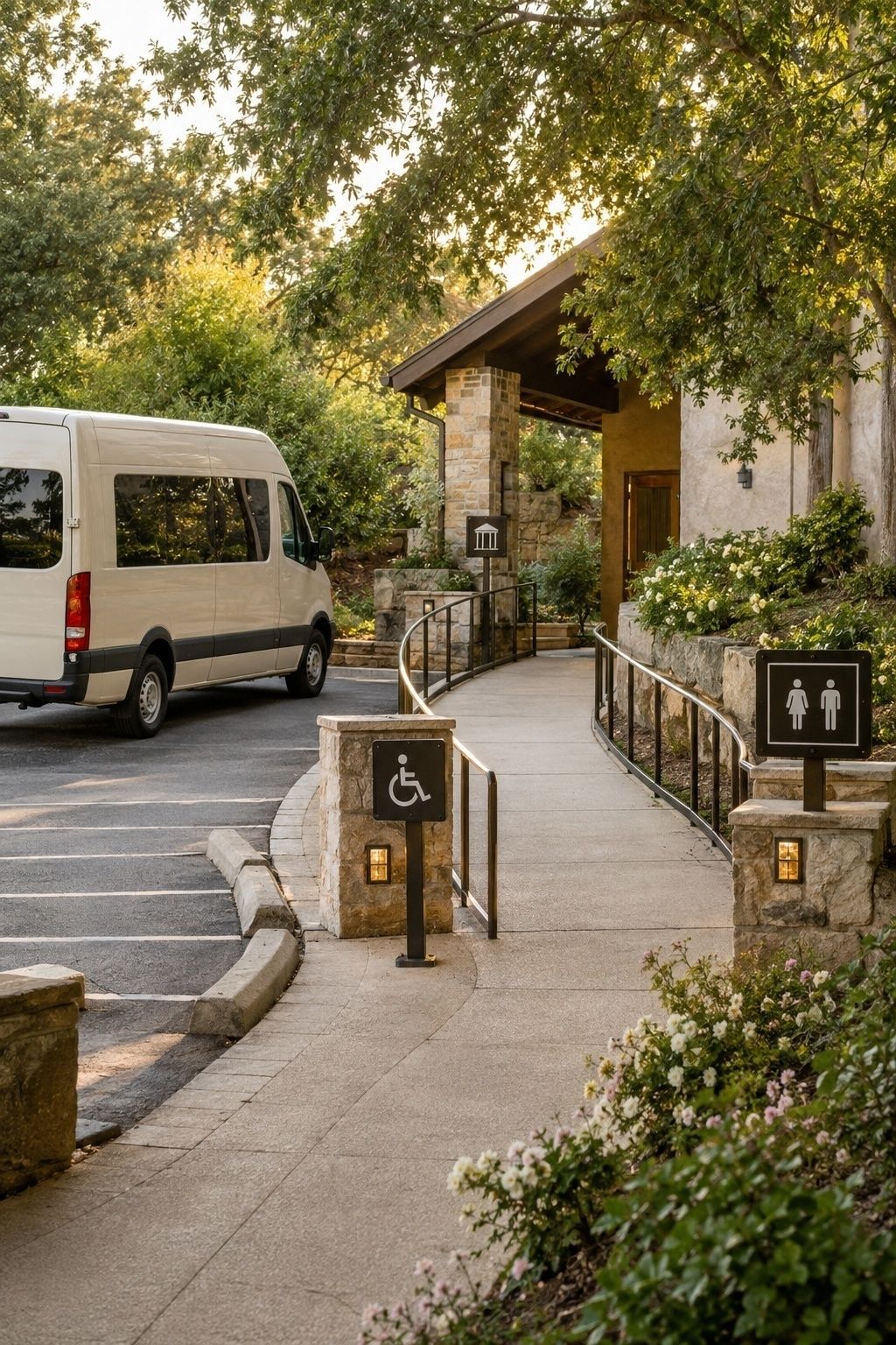 Garden wedding venue arrival with shuttle drop-off, parking, paved accessible path, ramp, lighting, and restroom signs