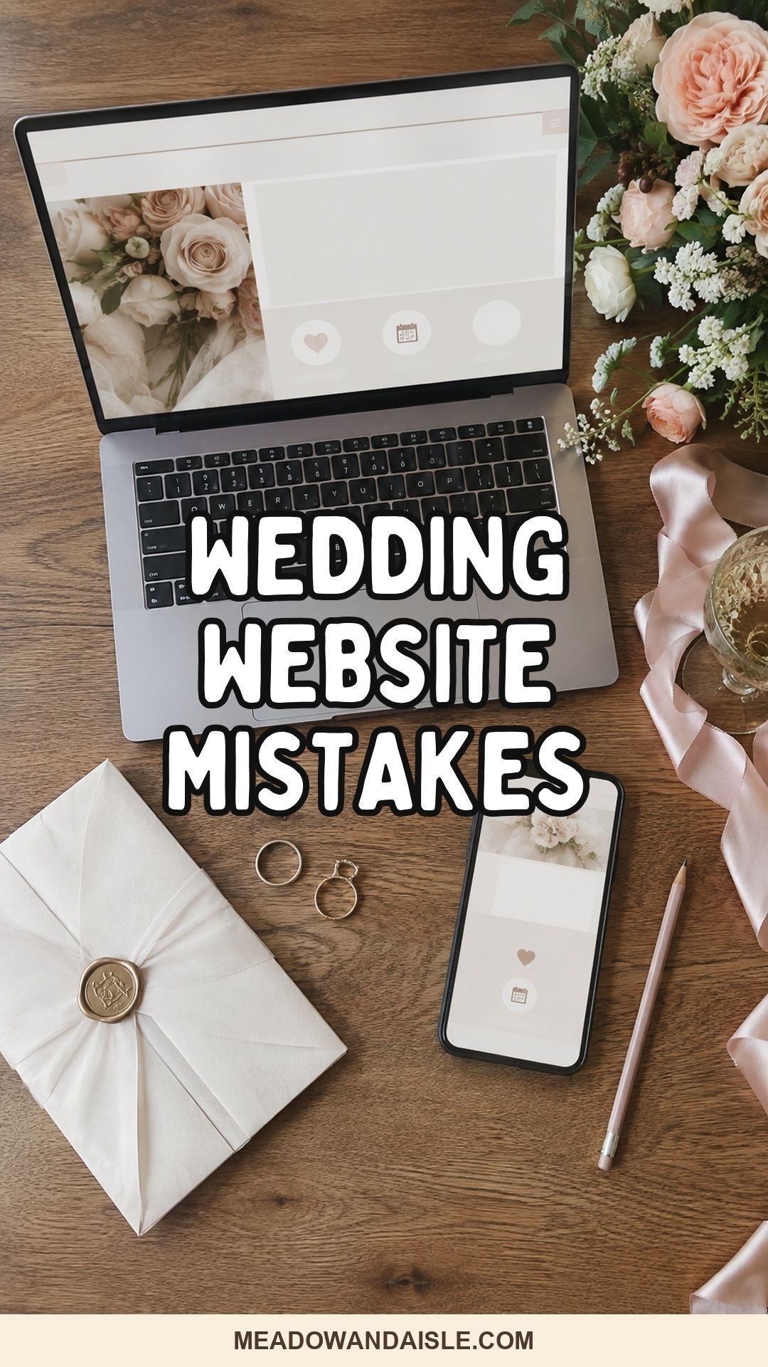 Wedding website mistakes Pinterest pin with a laptop, phone, invitation, and planning details