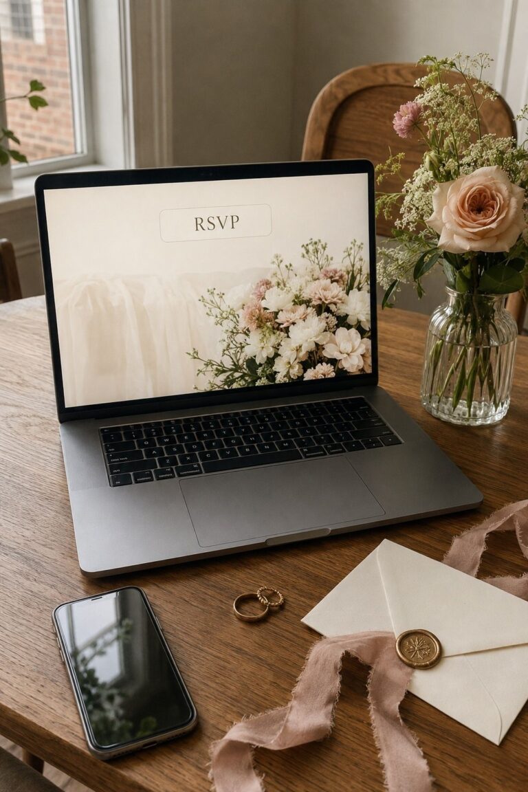 Wedding planning laptop with a clear RSVP button near the top of the homepage