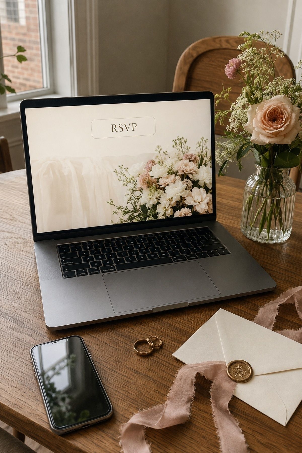 Wedding planning laptop with a clear RSVP button near the top of the homepage