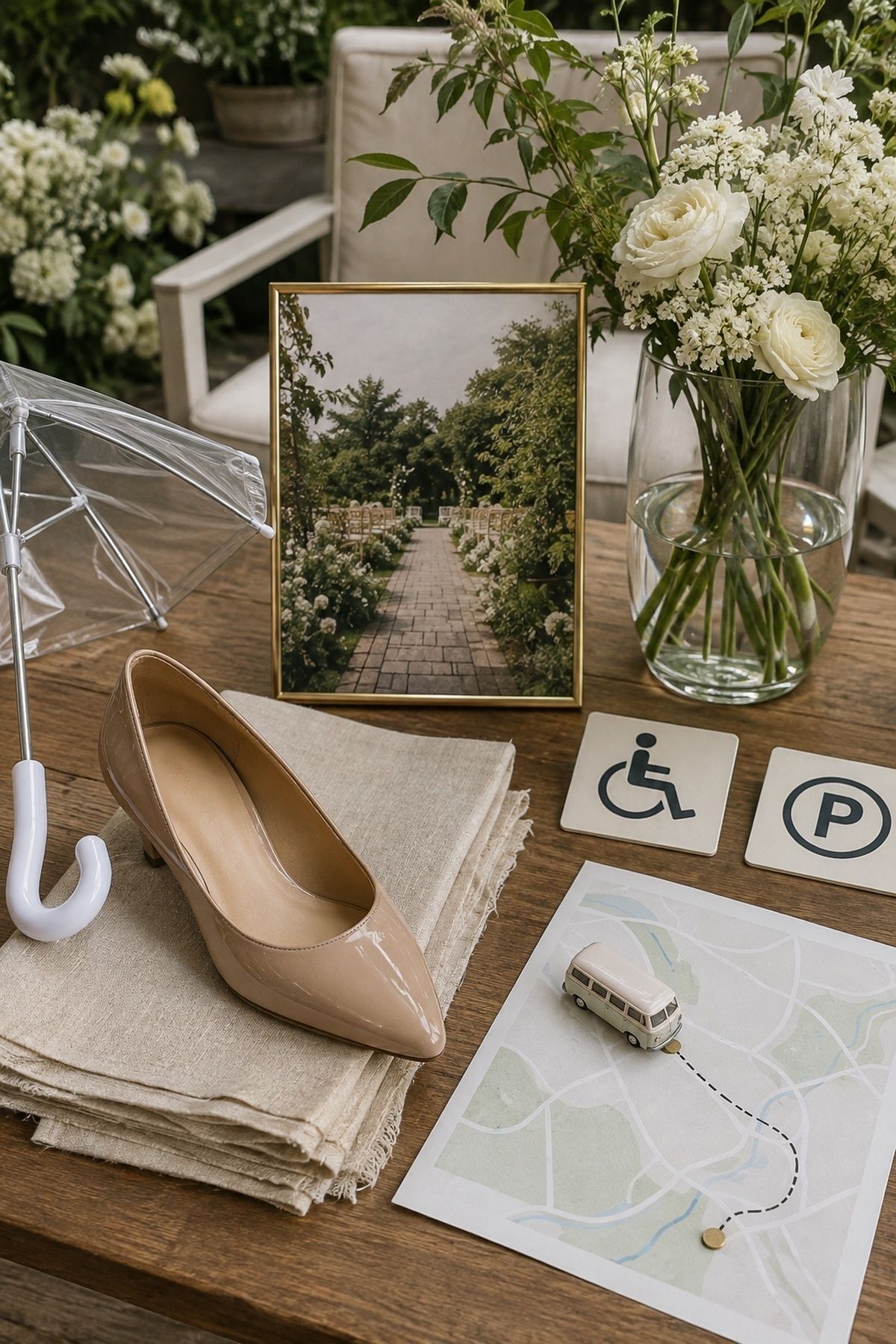 Wedding guest logistics plan with attire, weather, parking, accessibility, and shuttle cues