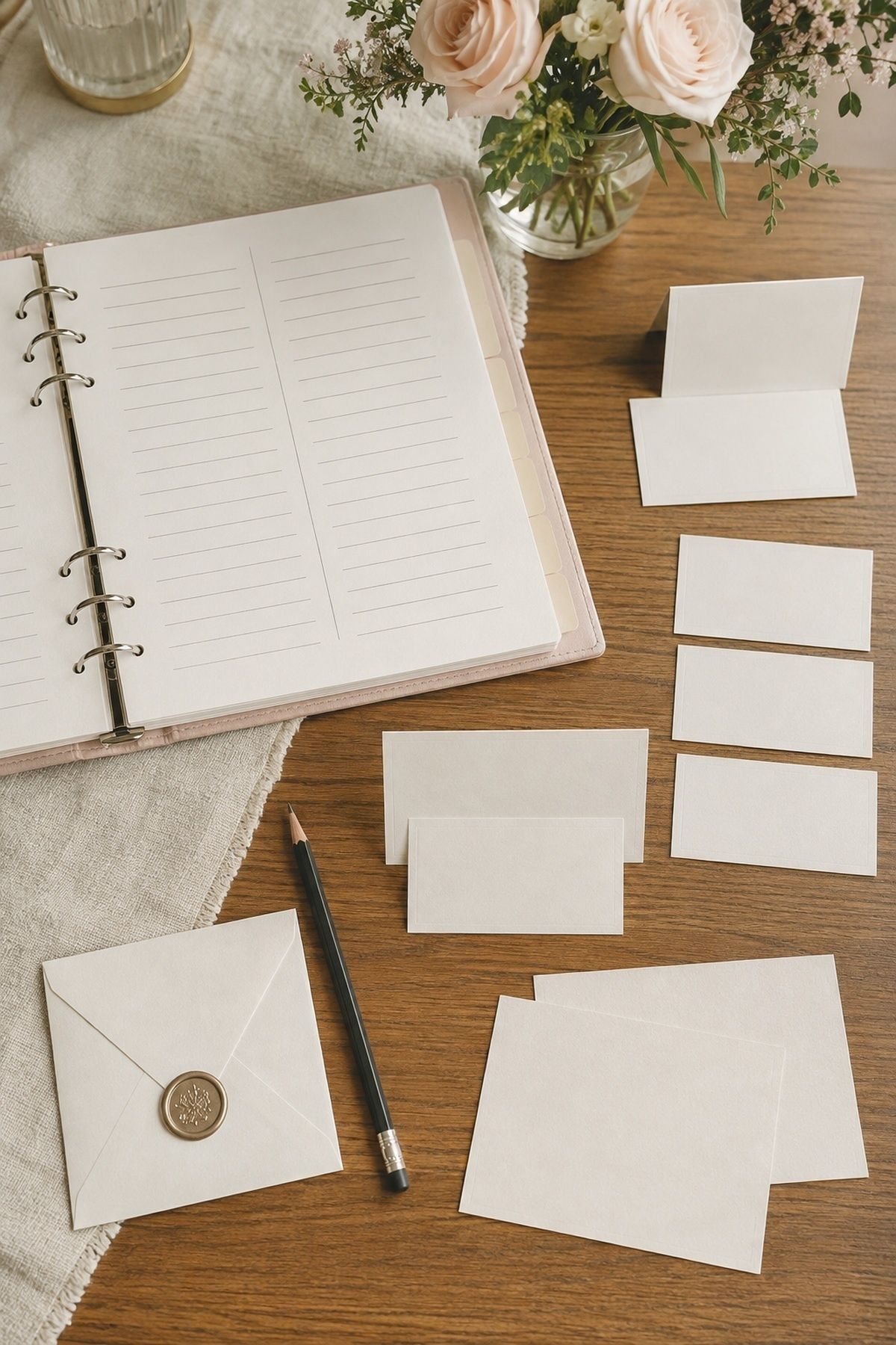 Intimate wedding guest-list binder with paired and single blank place cards
