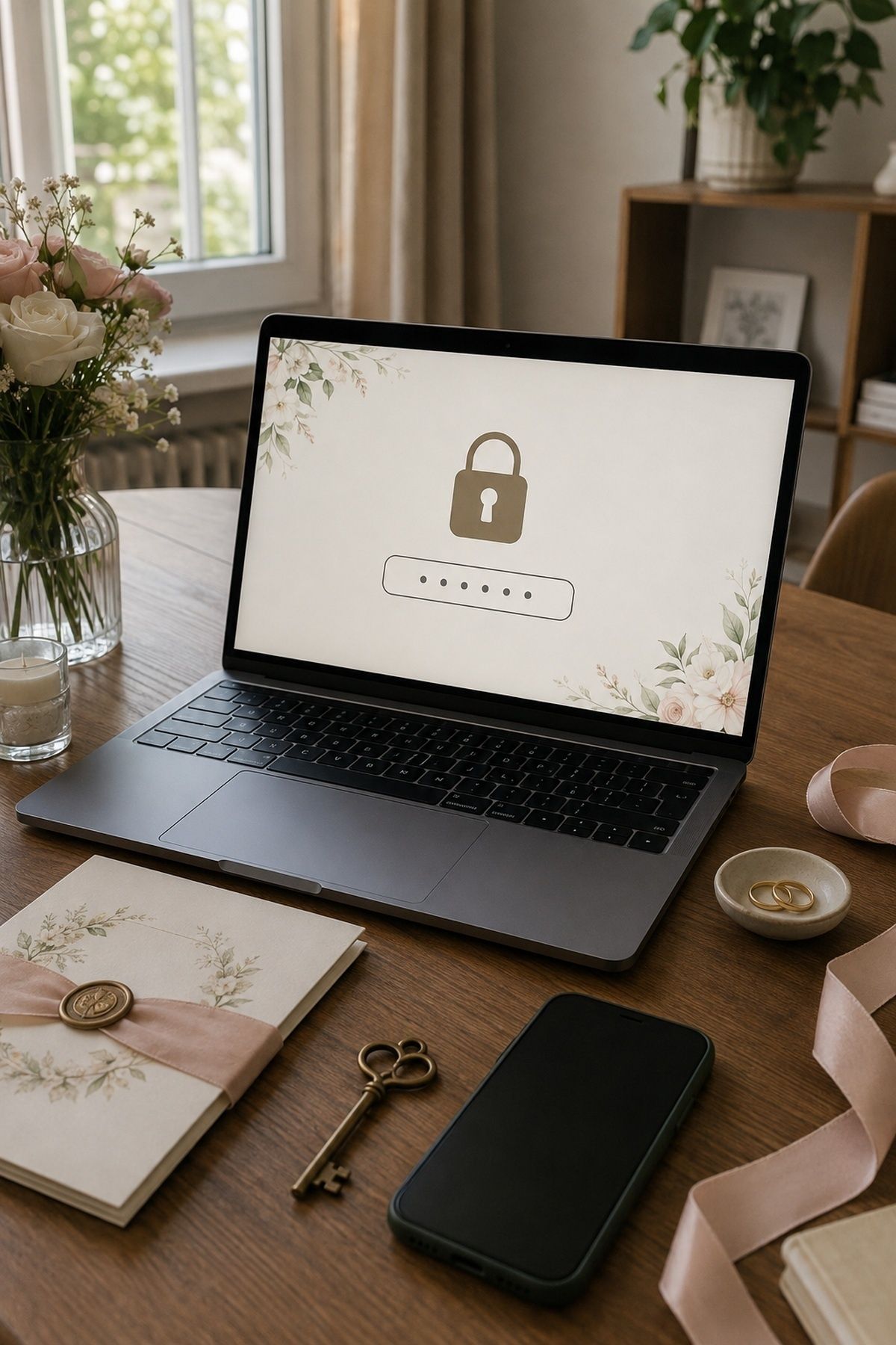 Password-protected wedding website shown with a closed lock on a planning laptop