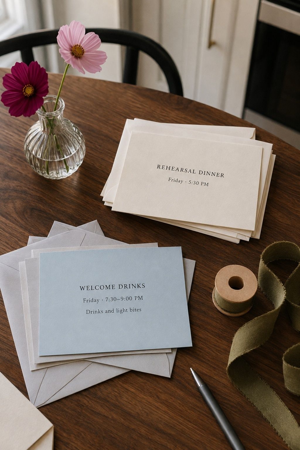 Separate rehearsal dinner and welcome drinks invitations with different start times