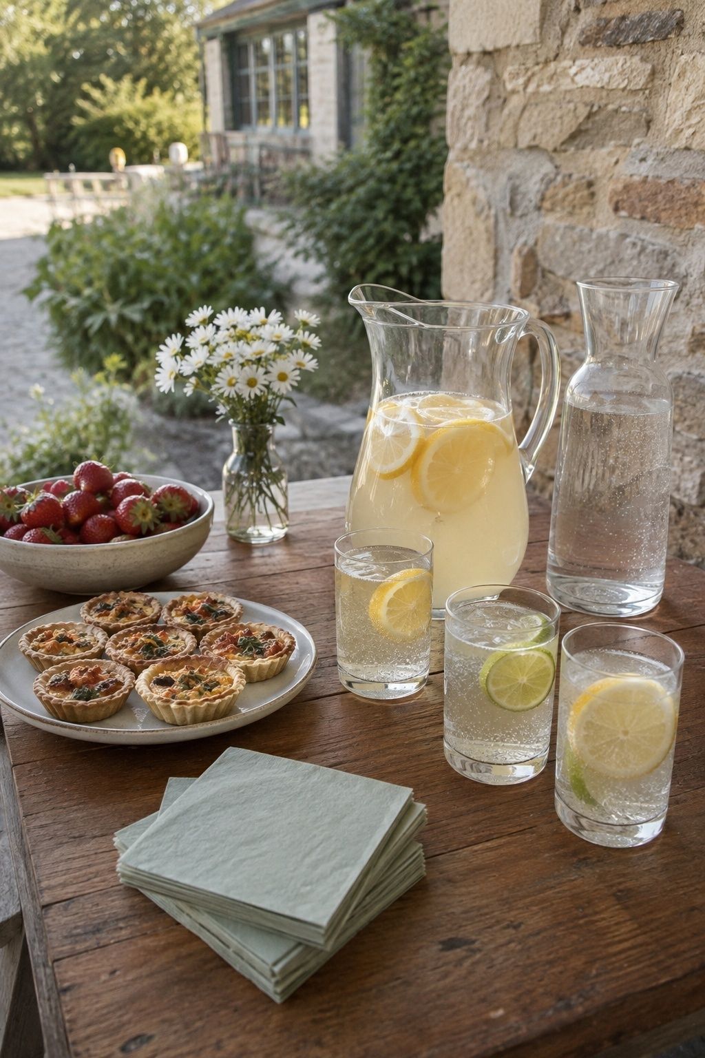 Lemonade, sparkling water and small savory bites for wedding welcome drinks