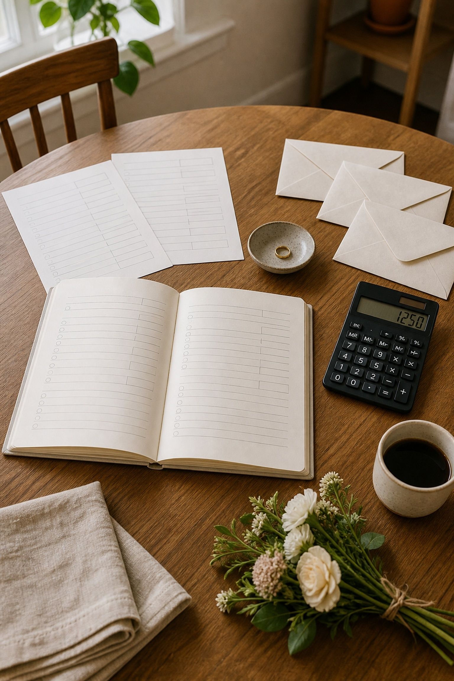 Wedding budget worksheet, calculator, contribution envelopes, vendor estimates, and flowers on a warm planning table