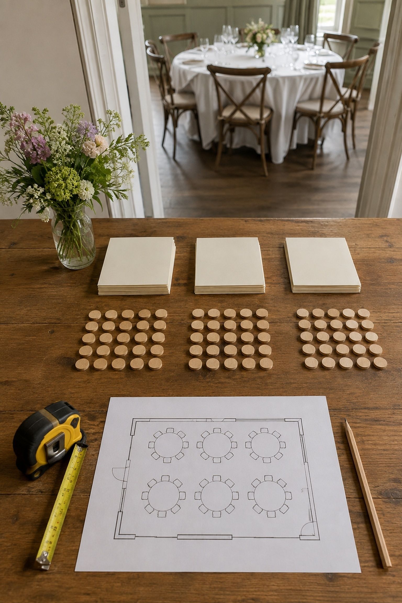 Guest-list cards, counting tokens, and a six-table intimate reception room layout used before venue selection