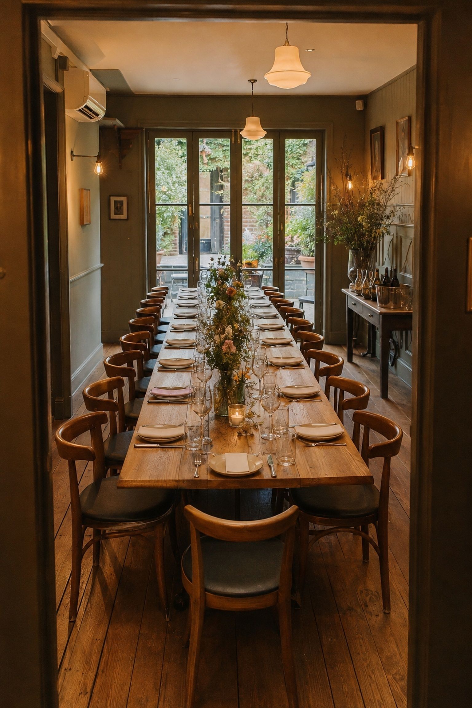 Intimate private restaurant wedding room with one long table, complete place settings, low flowers, and beverage service