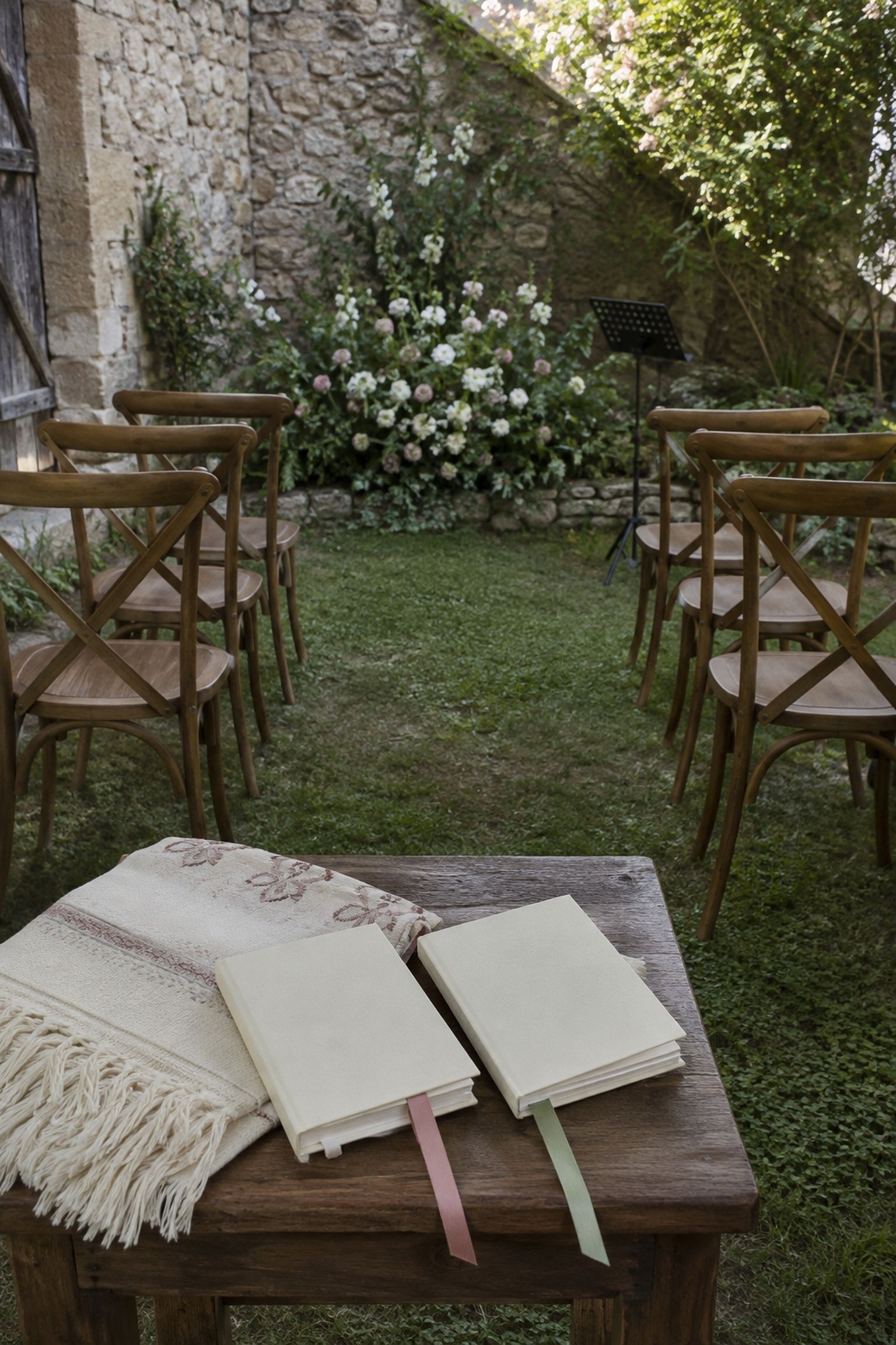 Two vow books and a family textile before an intimate stone garden wedding ceremony with simple flowers and music stand