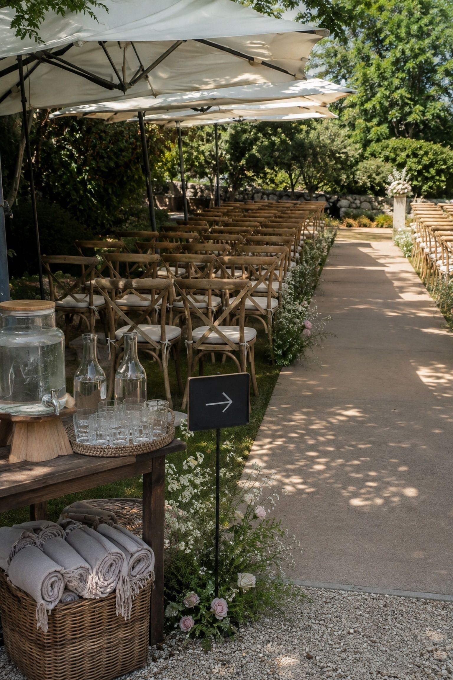 Shaded garden wedding seating with a wide level aisle, water station, simple direction arrow, wraps, and low flowers