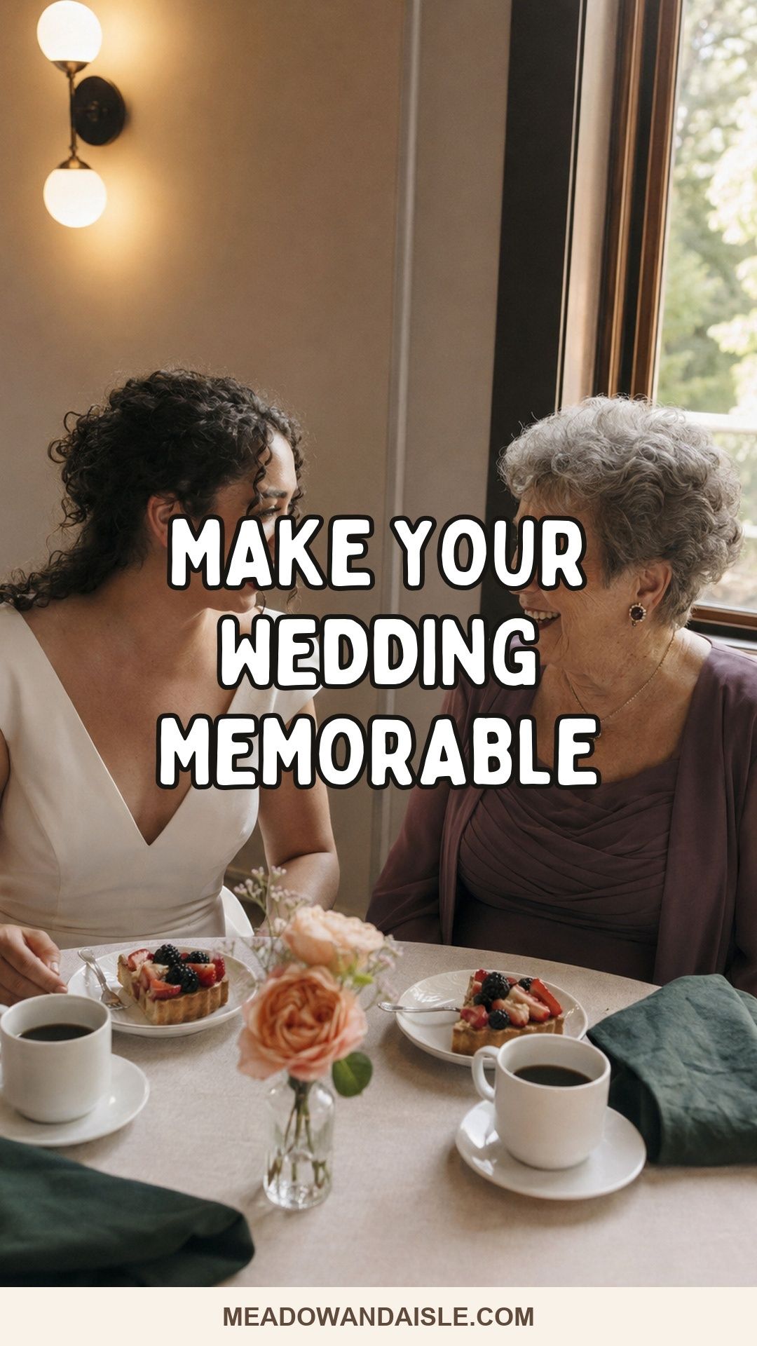 Make your wedding memorable: bride and grandmother sharing dessert.
