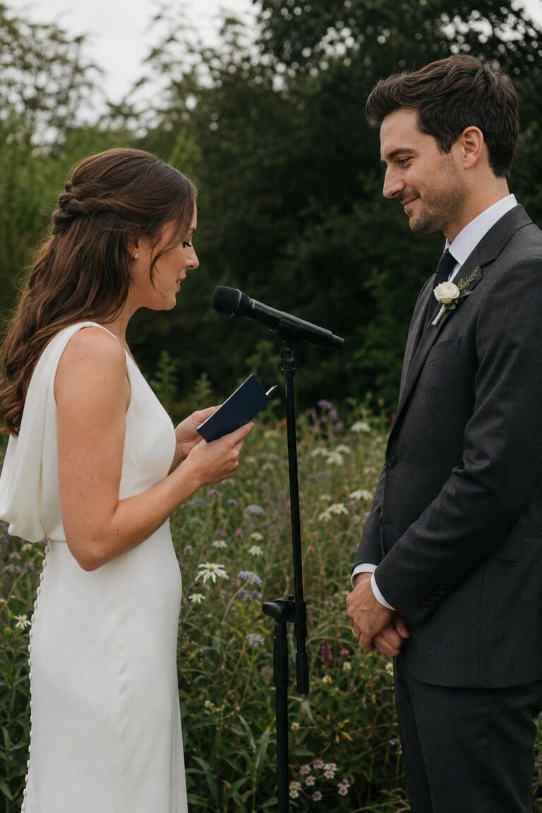 Bride reading vows at a microphone beside her groom in a garden.