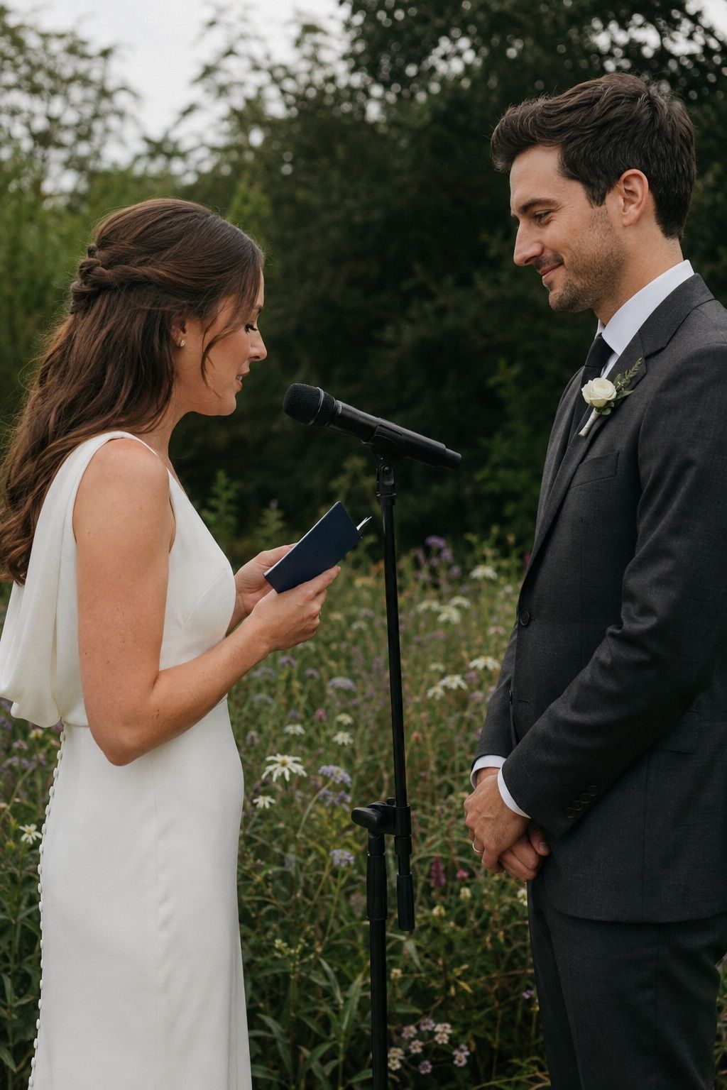 Bride reading vows at a microphone beside her groom in a garden.