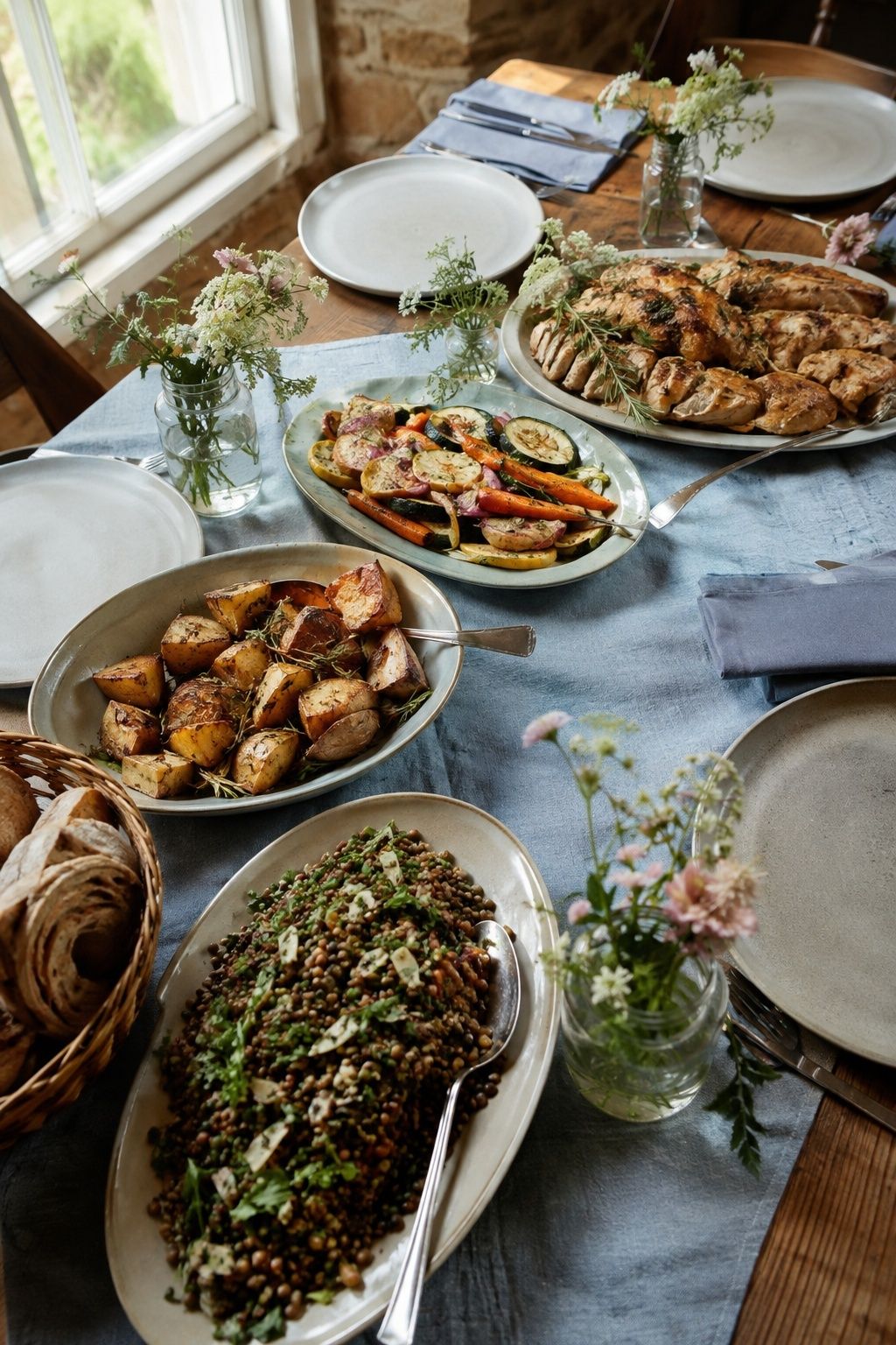 Family-style wedding supper with roast chicken, vegetables and lentil salad.