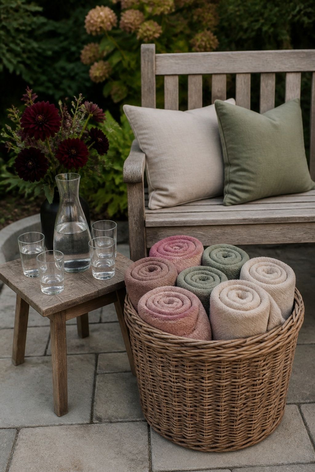 Basket of warm wraps beside a garden bench and drinking water.