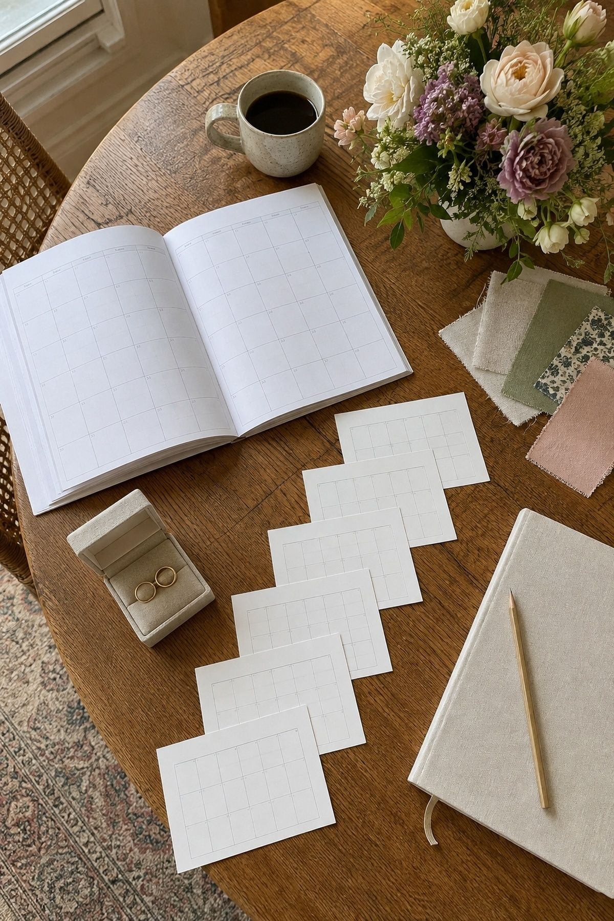 Wedding calendar and planning cards arranged to count backward from the wedding month