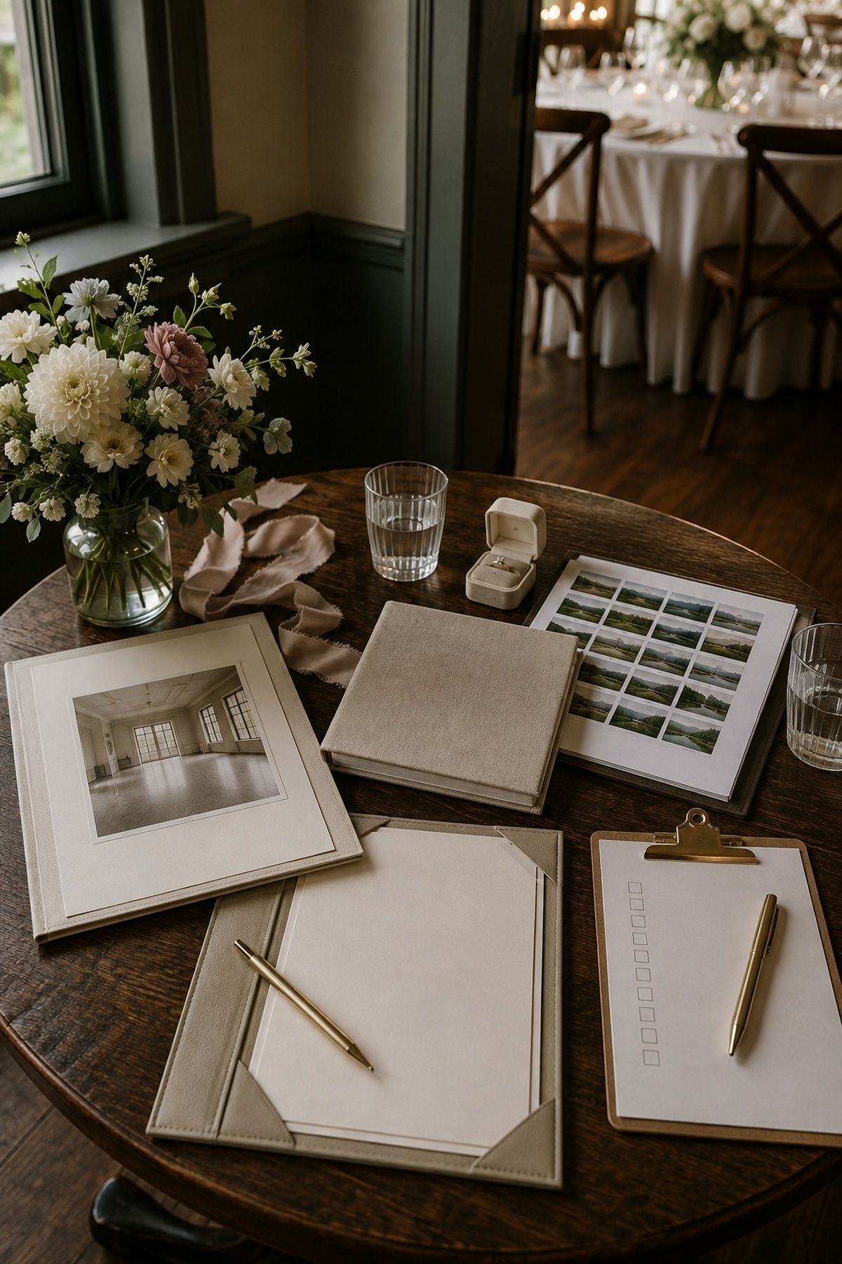 Venue, food, photography, legal, and coordinator materials arranged for first wedding bookings
