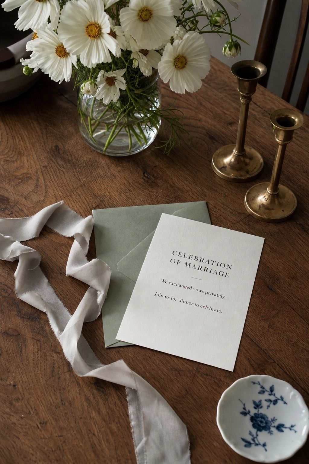 Ivory celebration-of-marriage invitation beside a sage envelope, white cosmos and ribbon.