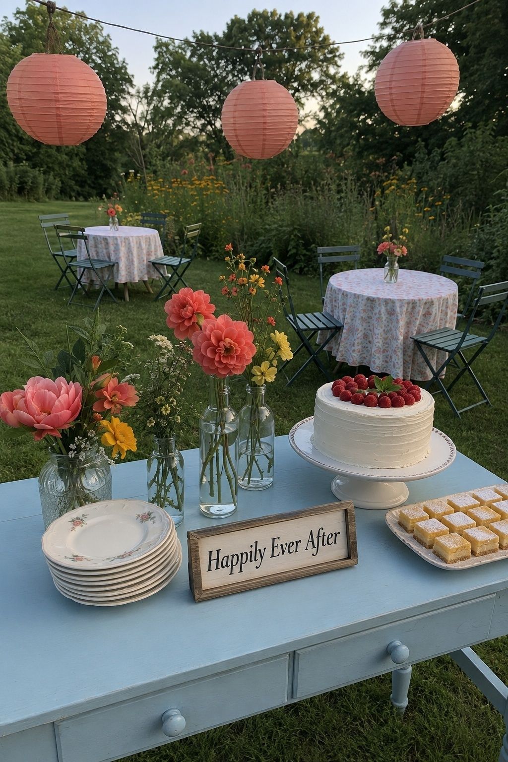 Small backyard dessert party with a raspberry cake, flowers and paper lanterns.