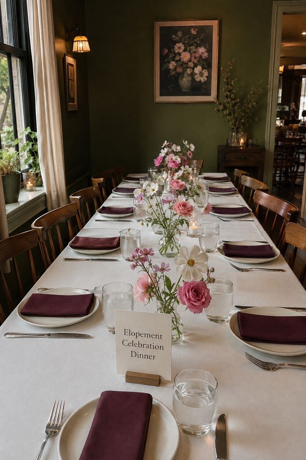Intimate restaurant table set for an elopement celebration dinner.