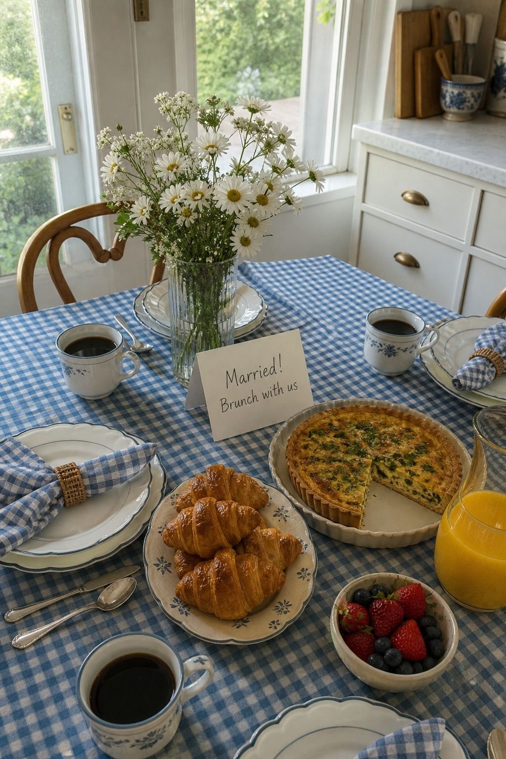 Sunny elopement brunch table with coffee, pastries, quiche and berries.