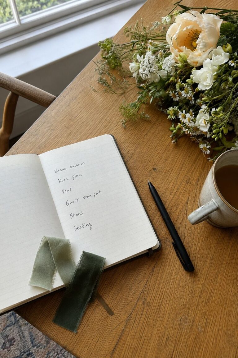 Wedding planning brain dump in a notebook beside a bouquet and tea