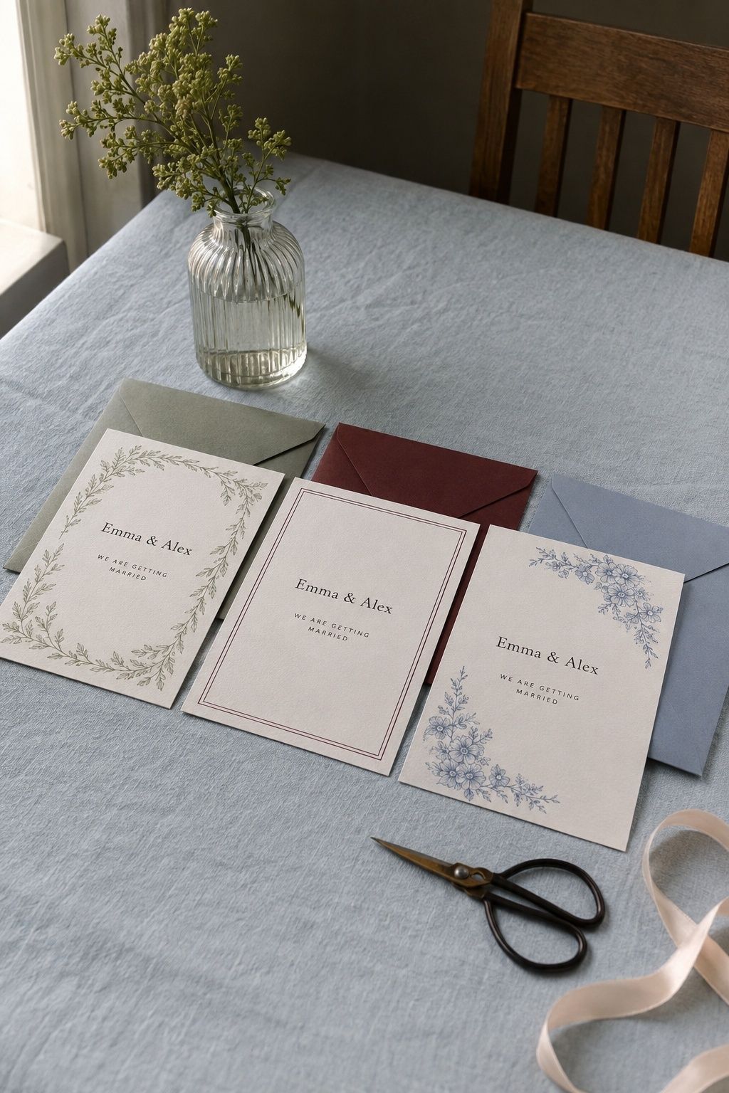 Three wedding invitation samples with sage, burgundy and blue details