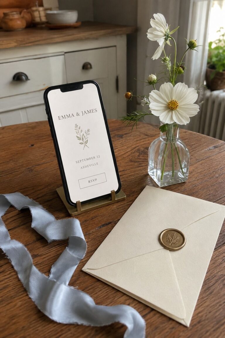 Wedding homepage on a phone showing names, date, city and RSVP beside an envelope and white cosmos.