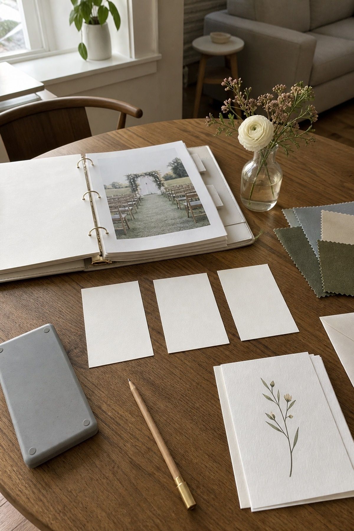 Wedding planning table with three blank decision cards for a skip test