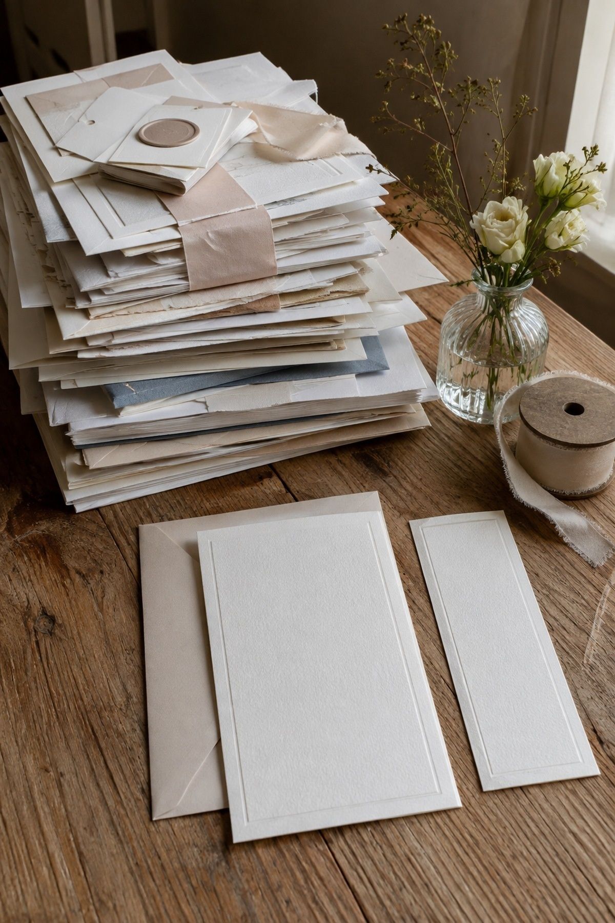Large stack of wedding stationery extras beside one simple invitation and details card