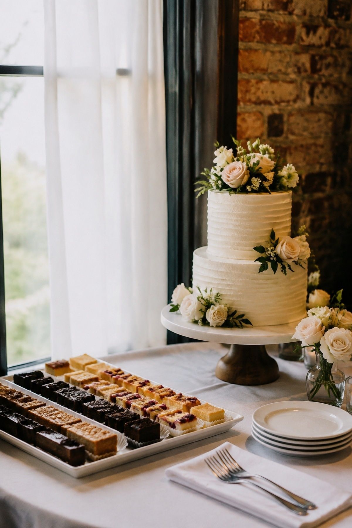 Small two-tier wedding display cake beside simple pre-sliced bakery desserts