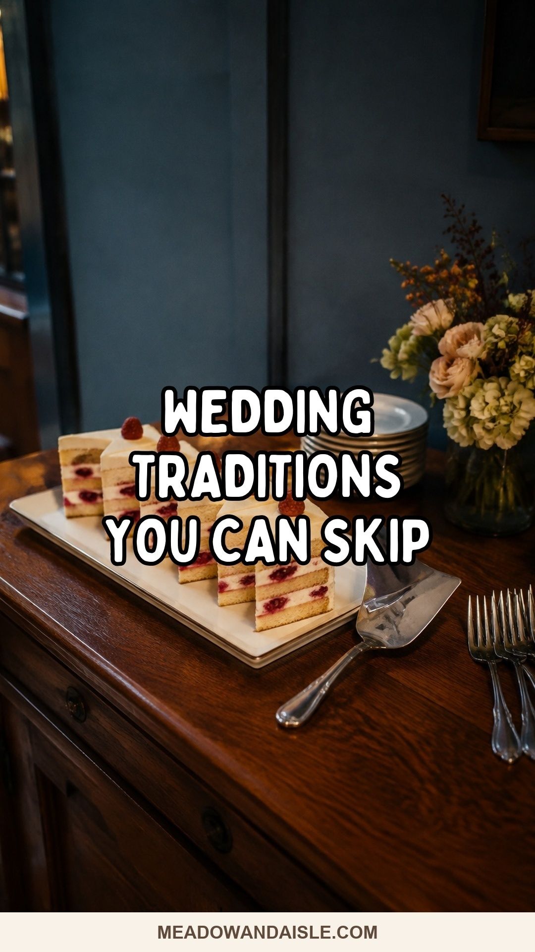 Wedding traditions you can skip Pinterest pin with informal cake service