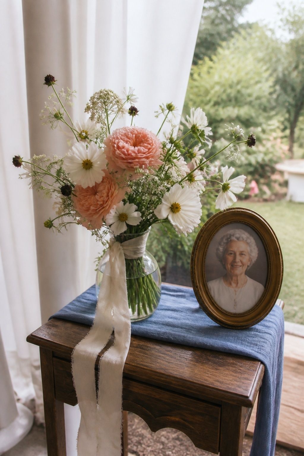 Peach and white bridal bouquet kept beside a framed family portrait