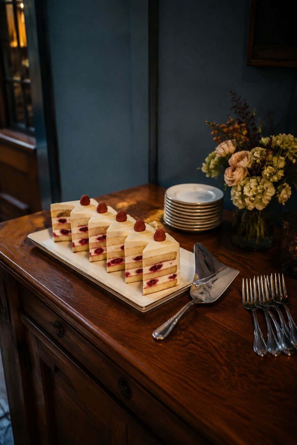 Slices of raspberry wedding cake ready for informal dessert service