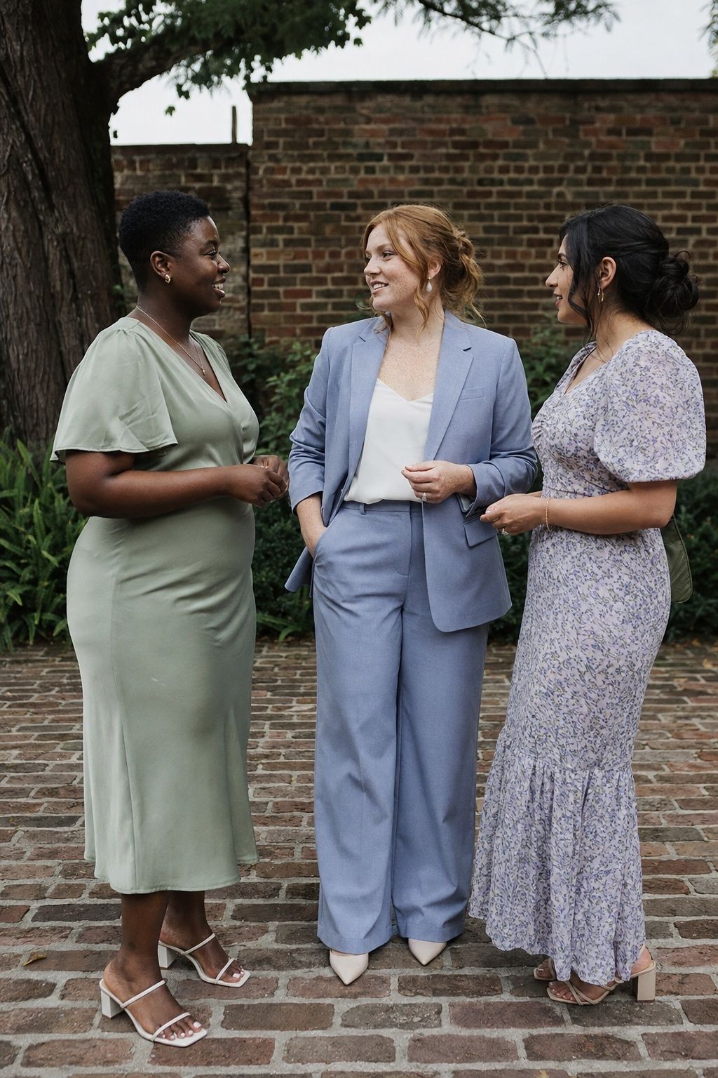 Three wedding attendants wearing coordinated individual outfits