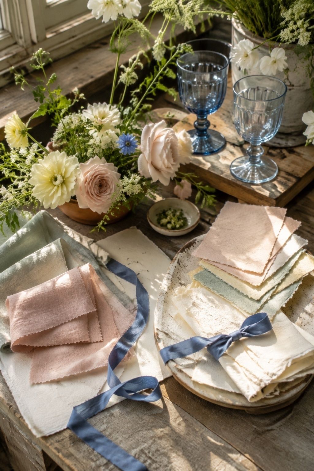 Soft garden palette with one unexpected color