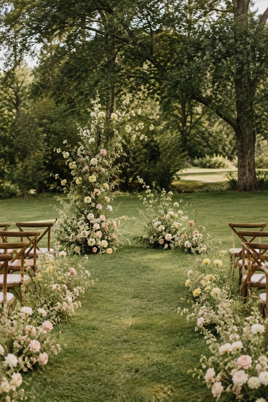 Floral ground arch or meadow-style aisle