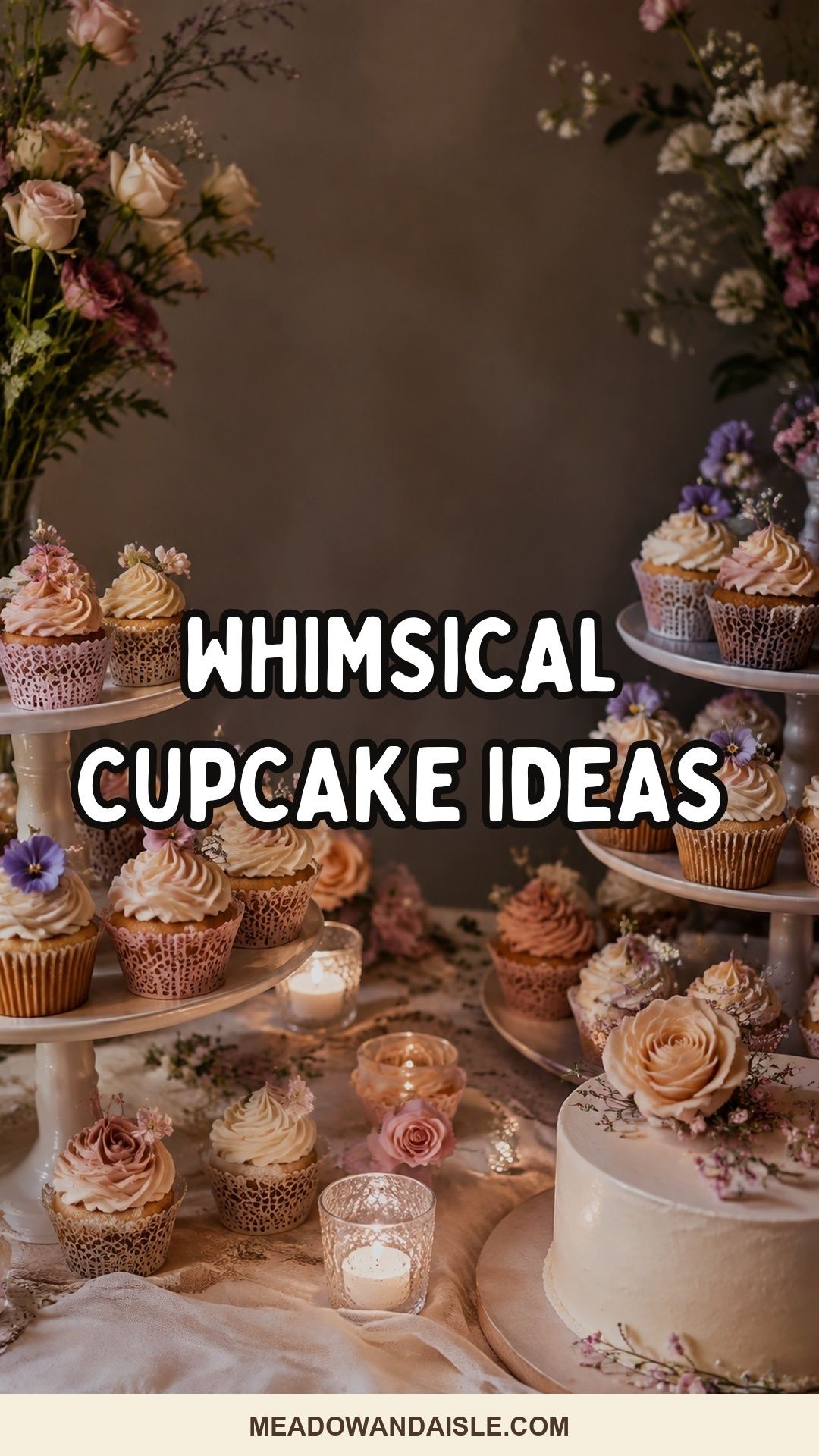 Whimsical wedding cupcake ideas Pinterest pin for Meadow & Aisle