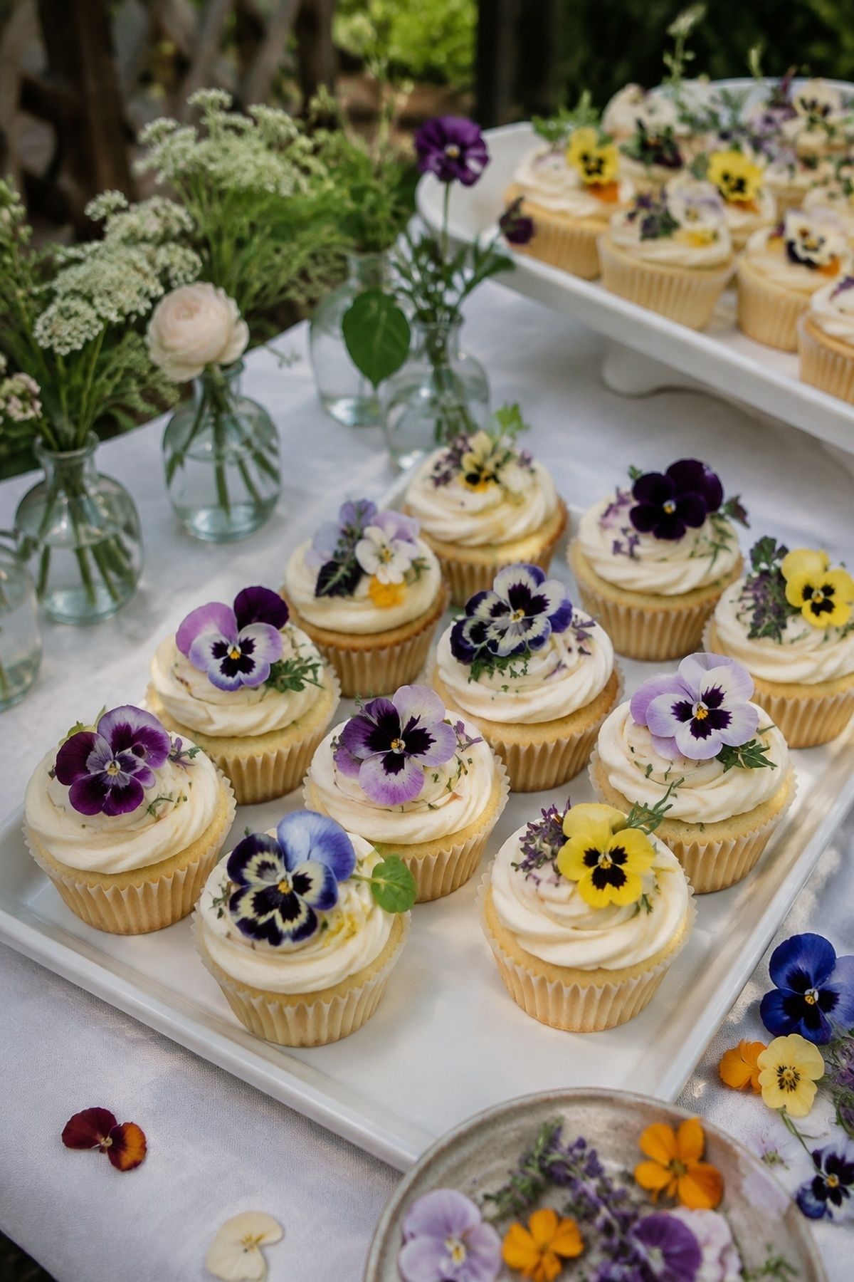 Garden cupcakes topped with edible flowers
