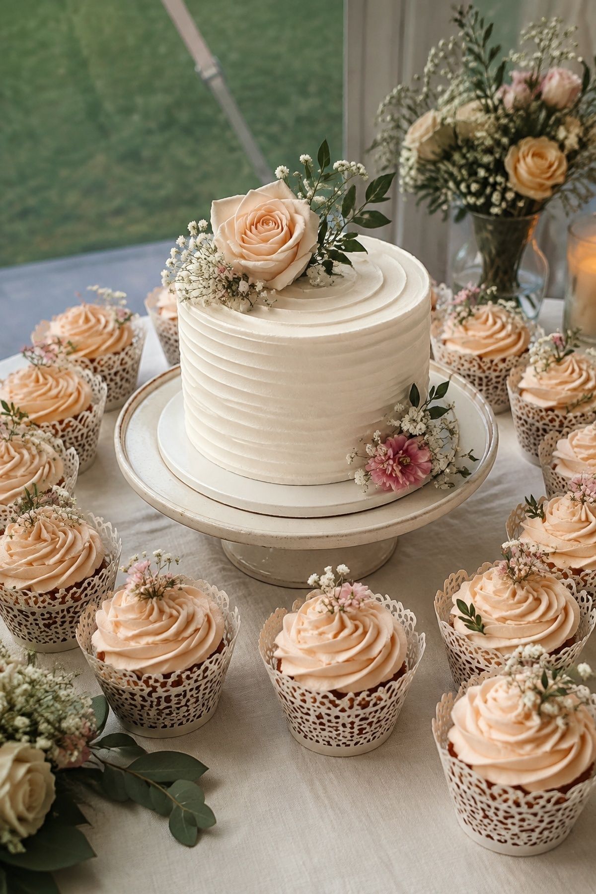 Cupcakes arranged around a tiny cutting cake