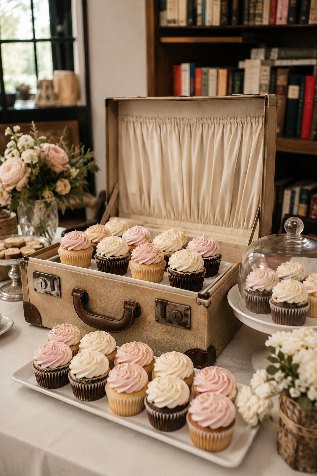 Cupcakes displayed in a vintage suitcase