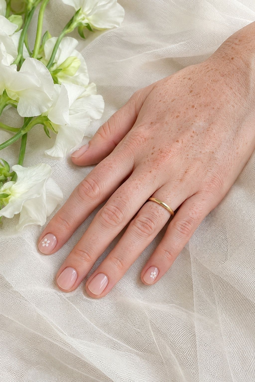 Tiny white flowers on sheer pink bridal nails beside white sweet peas