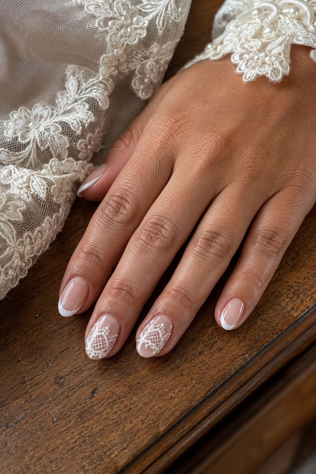 White lace accent nails paired with clean French tips