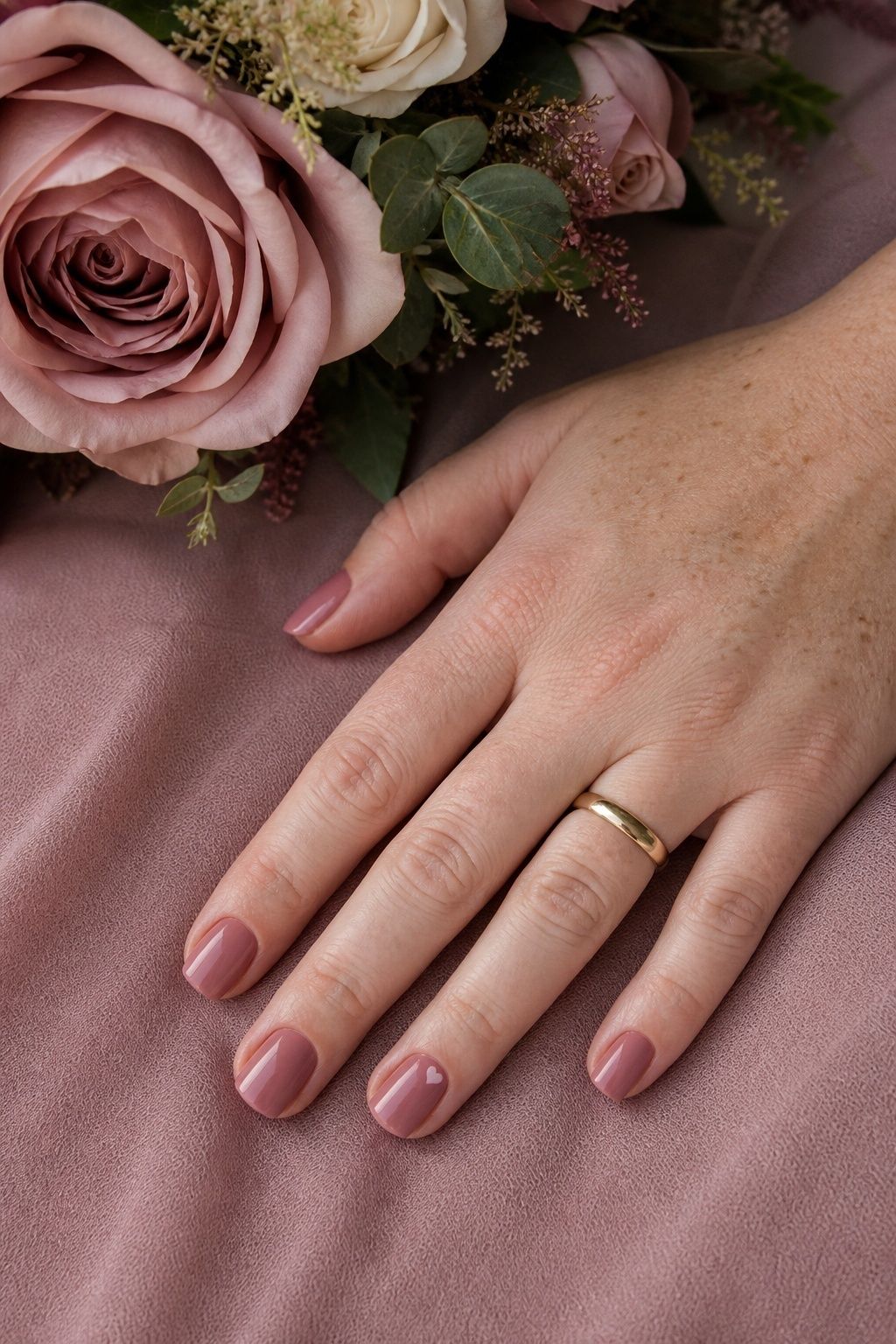 Dusty rose wedding nails with one tiny pink heart