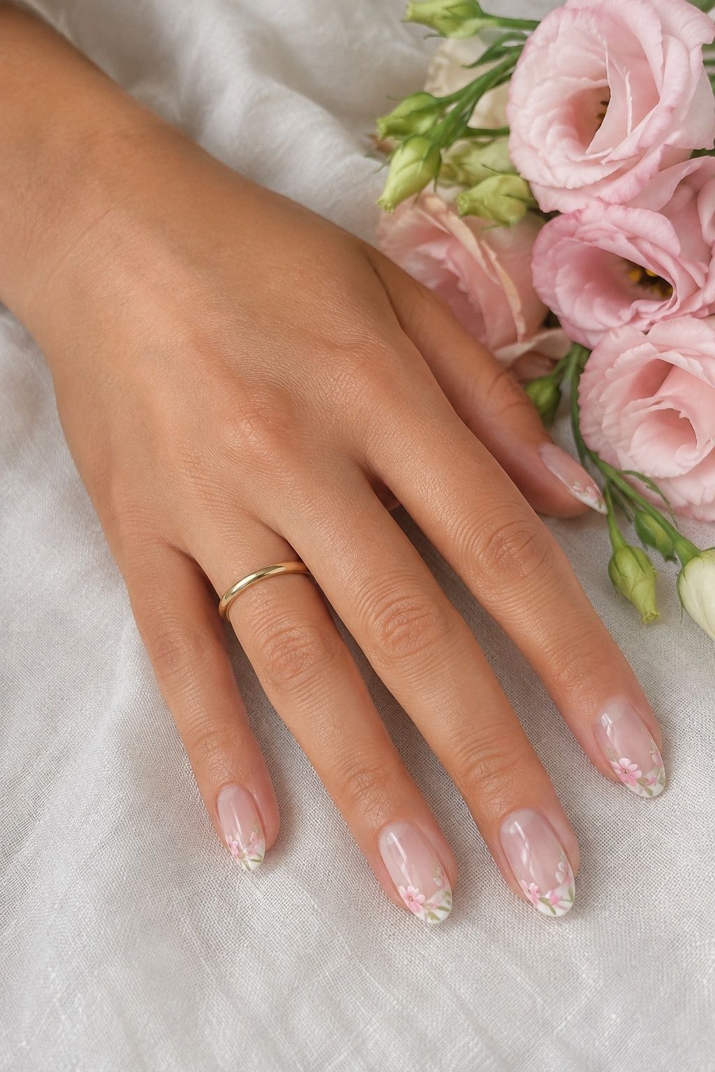 Blush floral French tips on sheer almond bridal nails